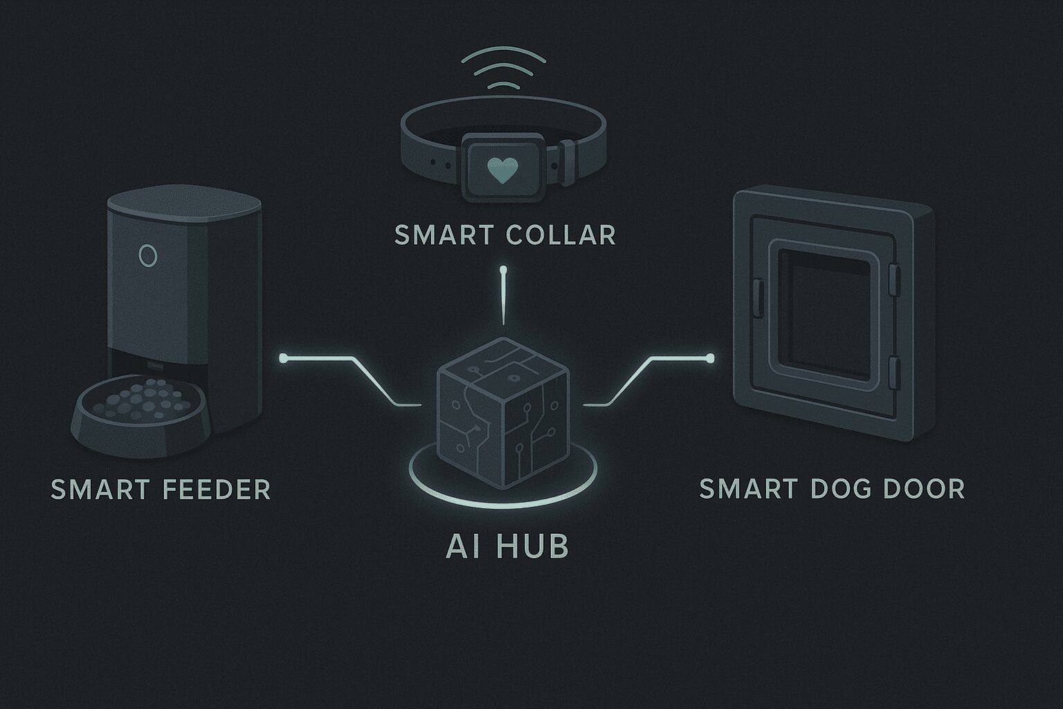 AI 기술로 연결된 스마트 펫테크 기기들, 미래의 반려동물 케어 환경을 보여주는 이미지