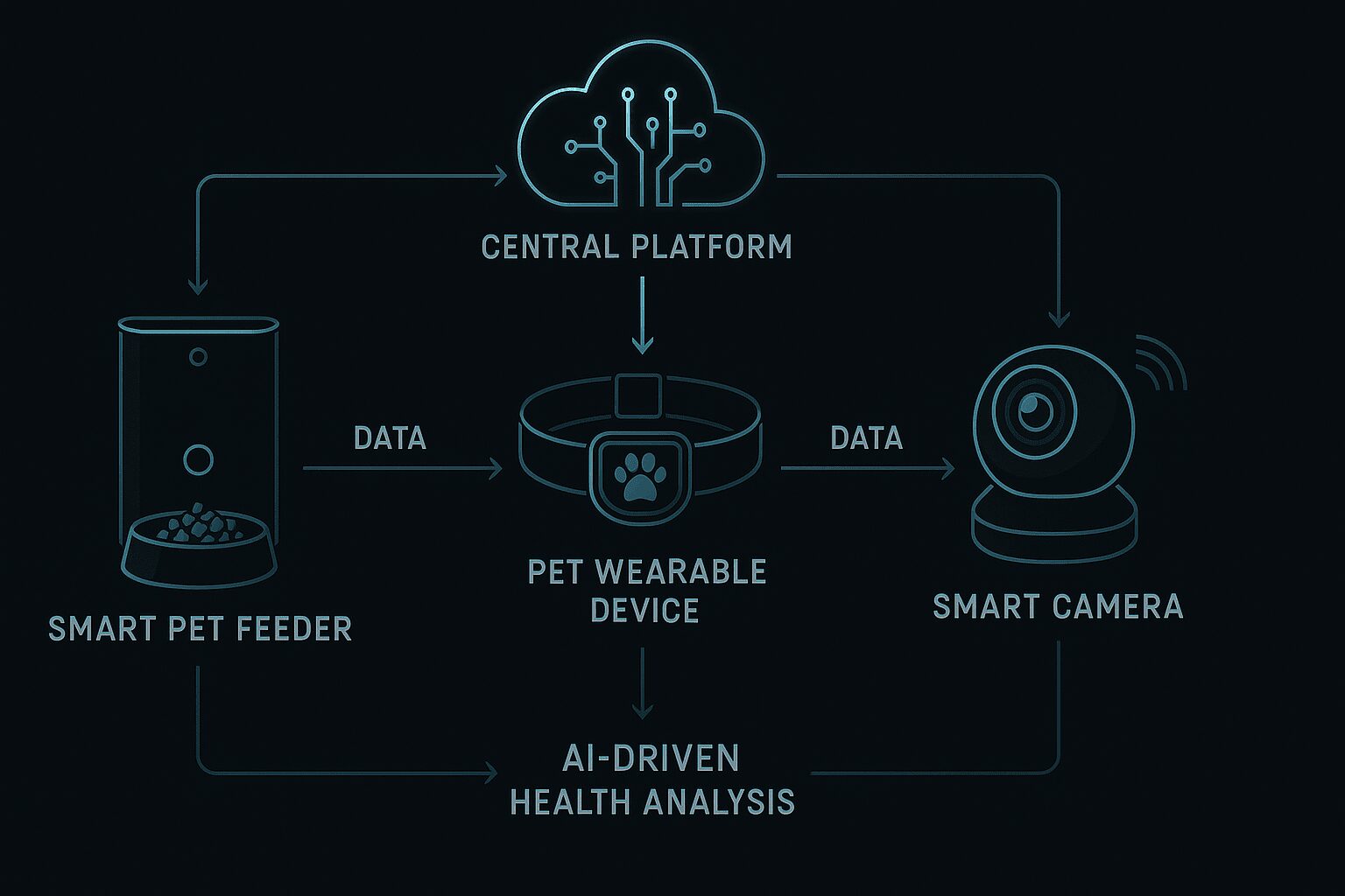 스마트 급식기, 웨어러블 목걸이, 스마트 카메라가 유기적으로 연결되어 데이터를 주고받는 인포그래픽