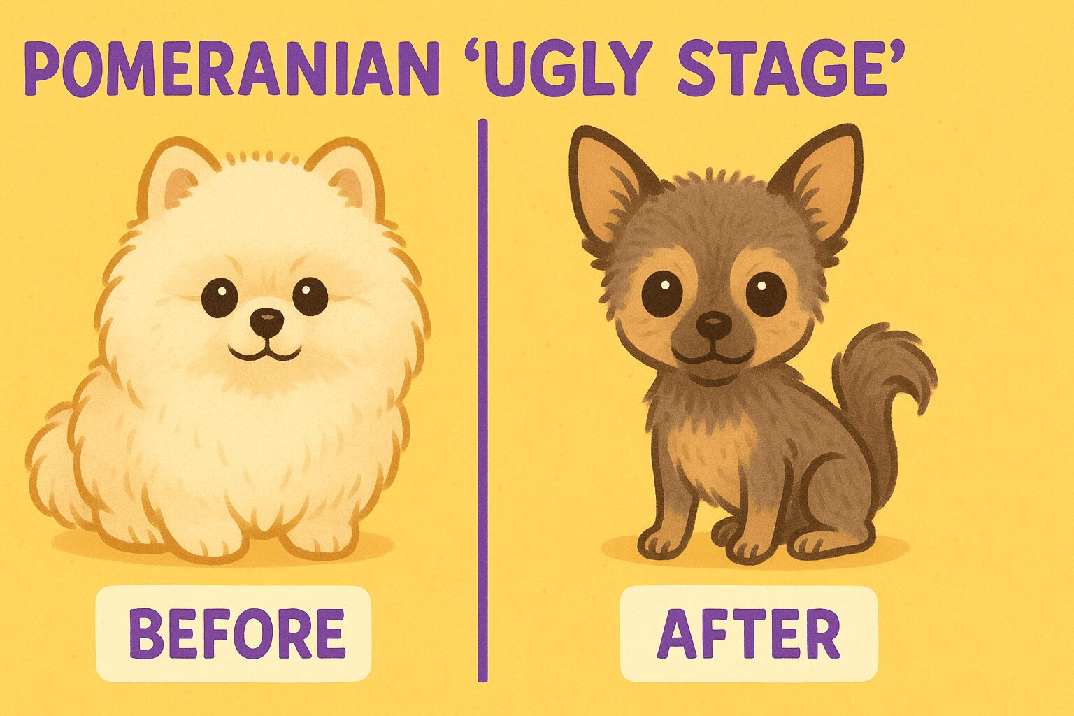 포메라니안 원숭이 시기를 겪고 있는, 얼굴 주변 털이 빠져 원숭이처럼 보이는 귀여운 아기 포메라니안