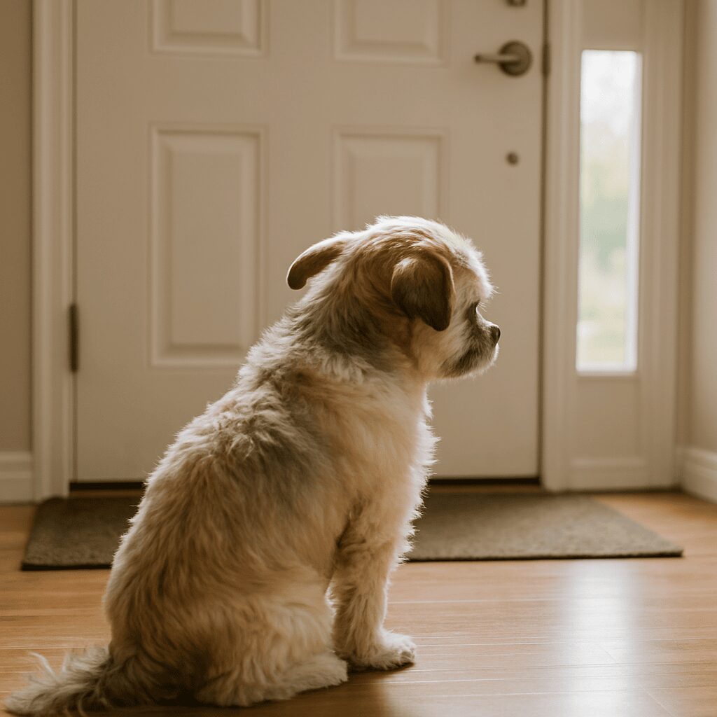 혼자 있을 때 짖는 강아지의 행동 원인과 해결법을 보여주는 이미지