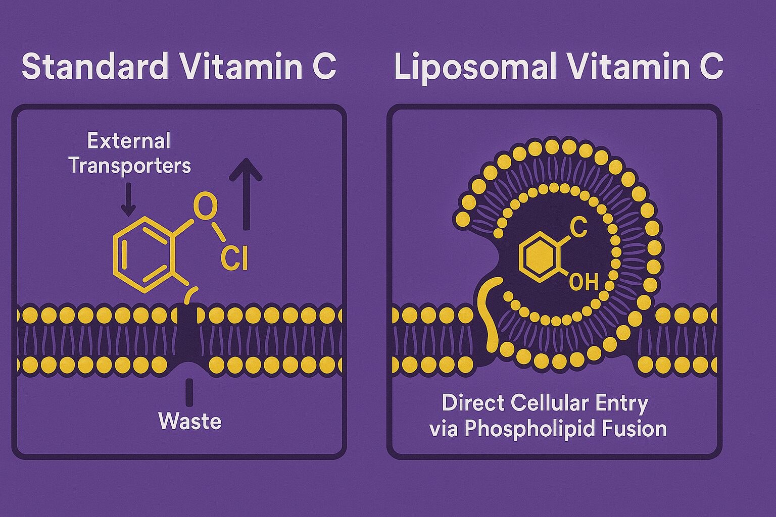 일반 비타민C와 리포솜 비타민C의 흡수 경로 비교 인포그래픽