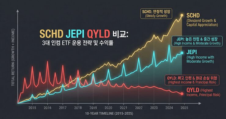 SCHD JEPI QYLD 비교: 3대 인컴 ETF의 운용 전략 및 수익률 그래프 시각화