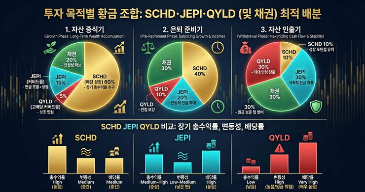 SCHD JEPI QYLD 비교: 장기 총수익률, 변동성, 배당률을 비교하는 차트 인포그래픽