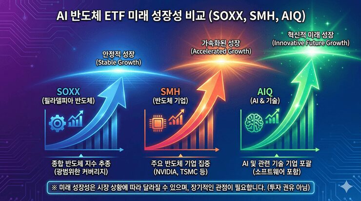 AI 반도체 ETF 비교: SOXX, SMH, AIQ 세 가지 금융 상품의 미래 성장성 시각화