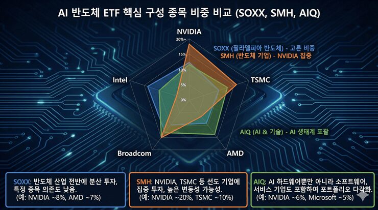 AI 반도체 ETF 비교: SOXX, SMH, AIQ 세 가지 상품의 핵심 구성 종목 비중 비교 인포그래픽