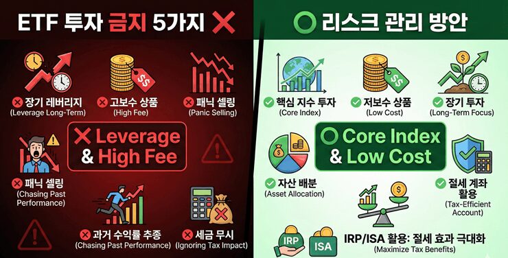 ETF 투자 금지 5가지와 리스크 관리 방안 인포그래픽