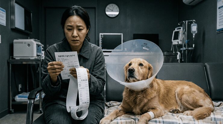 강아지 수술 후 추가 비용, 왜 계속 나올까? (숨겨진 항목 5가지 분석) 강아지 수술 후 추가 비용 청구서를 보고 놀라는 보호자와 넥카라를 쓴 강아지