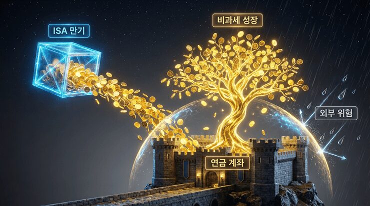 ISA 계좌 만기 자금 재투자가 연금 계좌로 흘러들어가 거대한 황금 나무로 자라나는 신비로운 금융 이미지