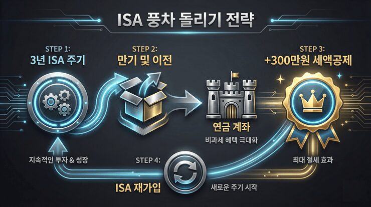 ISA 계좌 만기 자금 재투자 시 발생하는 세액공제 혜택과 재가입 사이클을 보여주는 인포그래픽