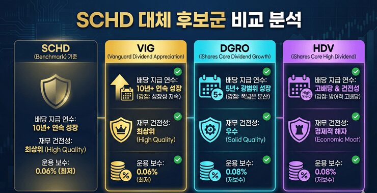 SCHD 대체 가능한 배당 성장 ETF 후보 3종의 장기 수익률 및 배당률 비교 인포그래픽