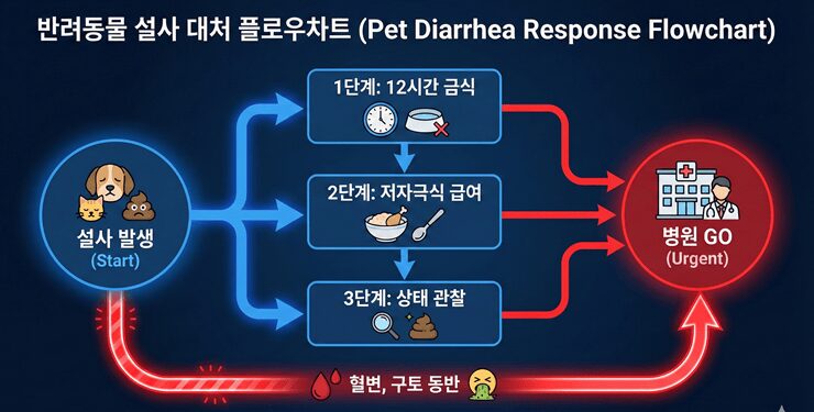 강아지 설사 멈추는 법: 하루 회복 루틴 & 병원 가야 하는 위험 신호 강아지 설사 멈추는 법의 핵심 단계와 병원 방문 필요성을 시각화한 플로우차트