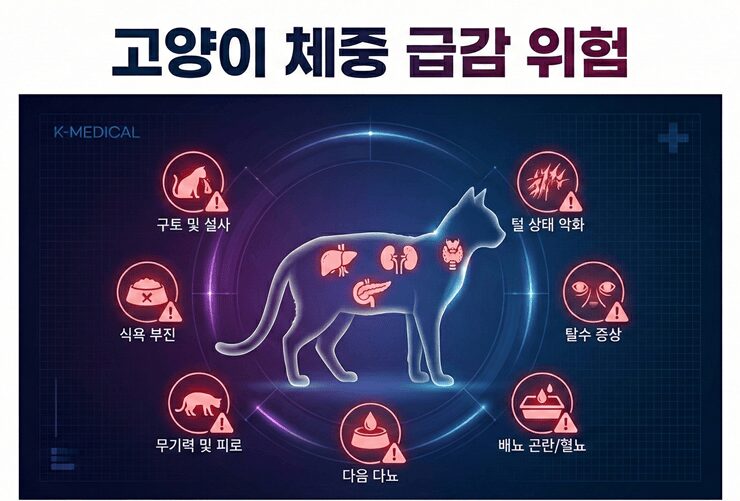 고양이 체중 급감의 원인 질환(신부전, 당뇨)을 나타내는 의료 시각화 이미지
