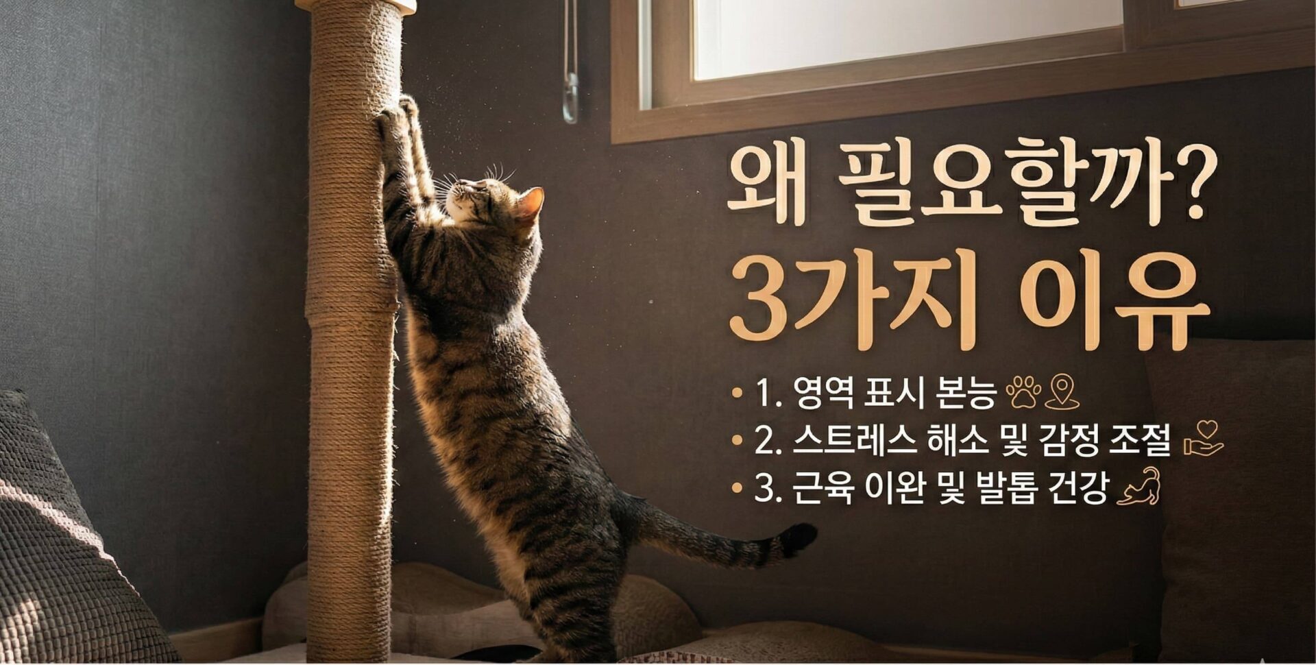 고양이 스크래쳐 3가지 유형(수직, 수평, 경사)과 고양이가 긁는 모습을 시각화한 이미지