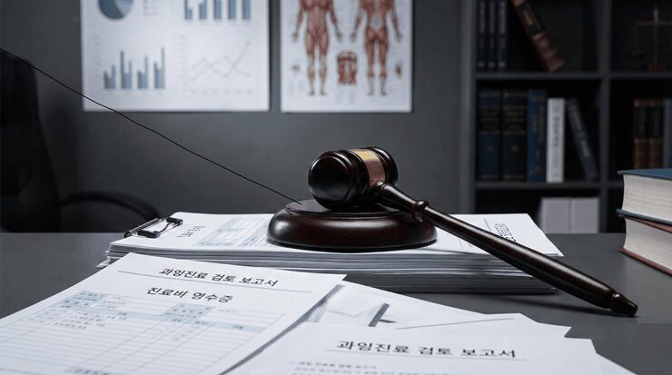 과잉진료 판단기준을 근거로 병원비 영수증과 판례를 비교 분석하는 법률 전문가의 모습