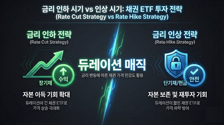 금리 인하 시기와 인상 시기에 따른 채권 ETF 투자 전략(장기채 vs 단기채) 인포그래픽