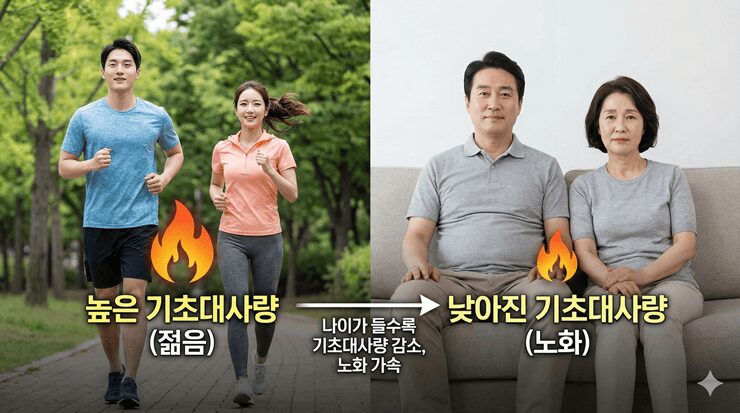 기초대사량 감소와 노화의 관계: 40대부터 찌는 '나잇살'의 진짜 과학적 원인! 기초대사량 감소와 노화의 관계를 표현하는 40대 남성/여성 이미지