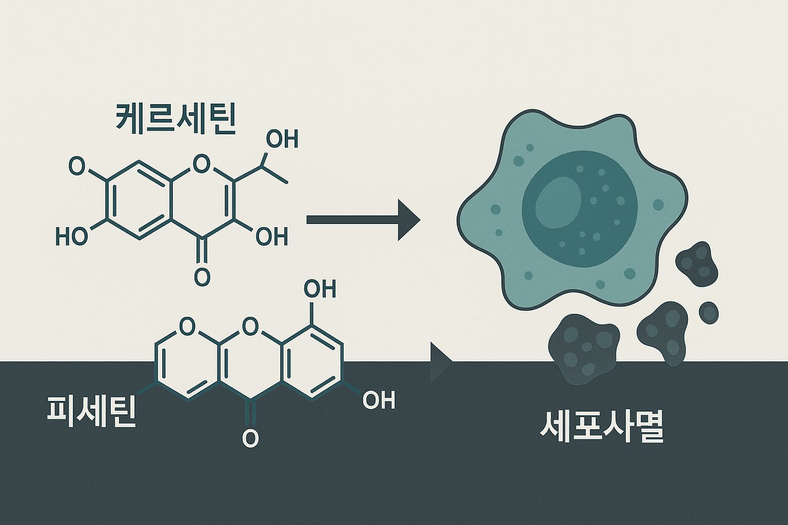 케르세틴과 피세틴 분자 구조 이미지와 노화 세포를 제거하는 세놀리틱 작용 이미지