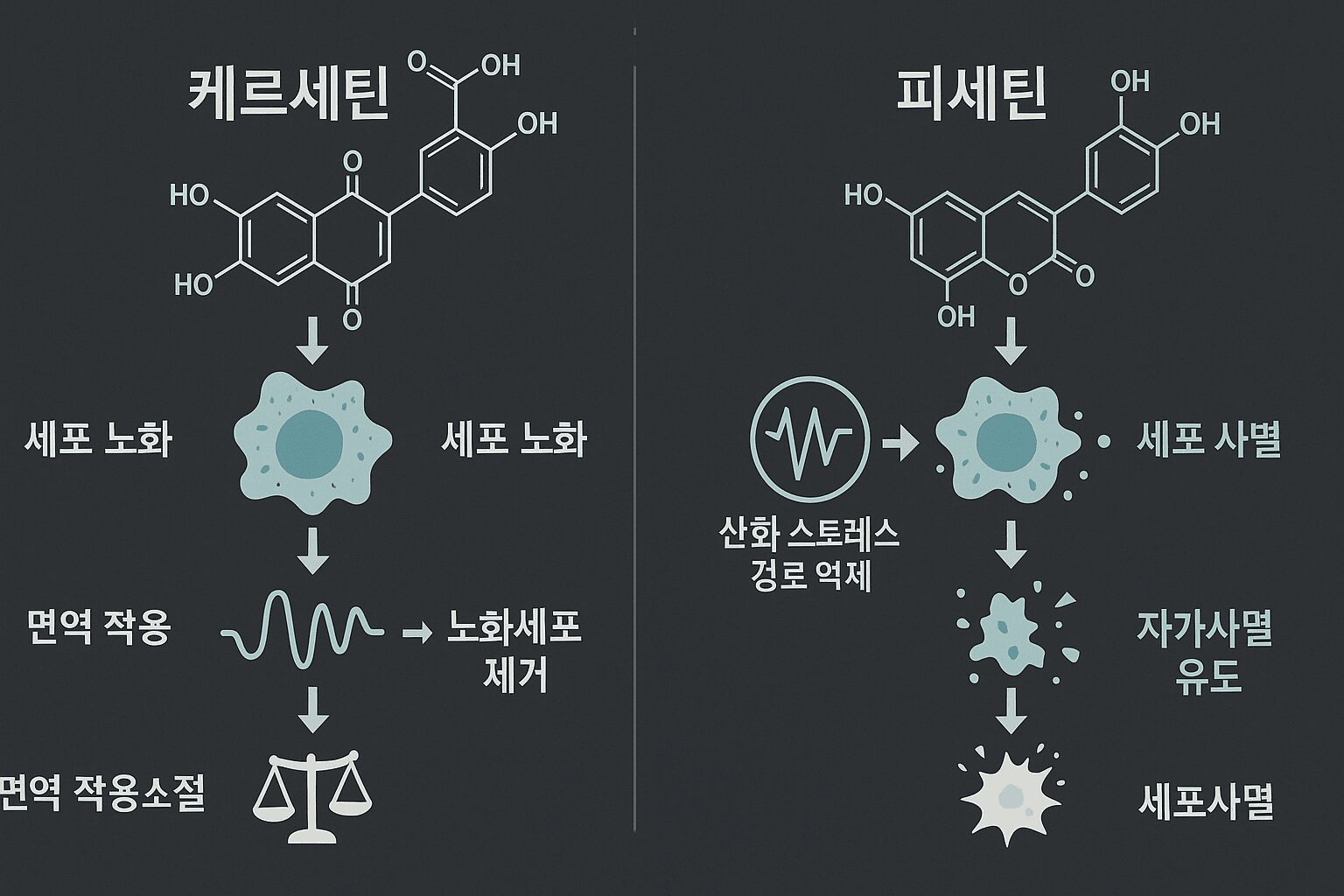 세놀리틱 성분 케르세틴과 피세틴의 작용 원리 비교 인포그래픽
