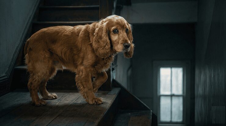 강아지 시력 저하 초기 신호 7가지: 눈은 멀쩡한데 자꾸 부딪힌다면? (SARDS 주의) 강아지 시력 저하 초기 신호를 보이며 계단 앞에서 주저하는 불안한 표정의 강아지 이미지