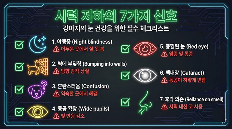 강아지 시력 저하 초기 신호 7가지: 눈은 멀쩡한데 자꾸 부딪힌다면? (SARDS 주의) 강아지 시력 저하의 7가지 체크리스트를 아이콘으로 표현한 인포그래픽