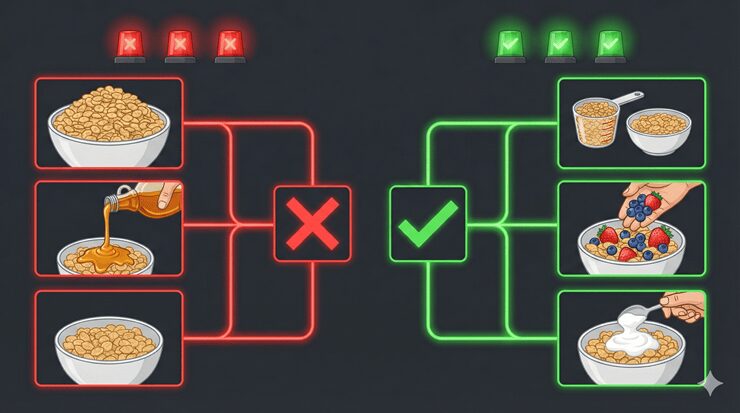 다이어트 시리얼 선택 시 당류, 단백질, 식이섬유 함량 비교 인포그래픽