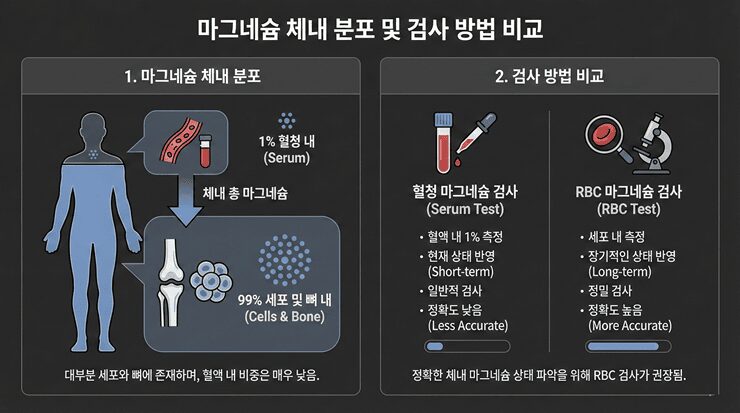 혈청 마그네슘 수치와 세포 내 마그네슘 수치의 불균형을 보여주는 그래프