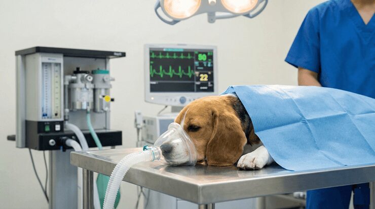 강아지 마취 위험도를 최소화하기 위해 수술실에서 안전하게 호흡 마취를 진행하는 모습