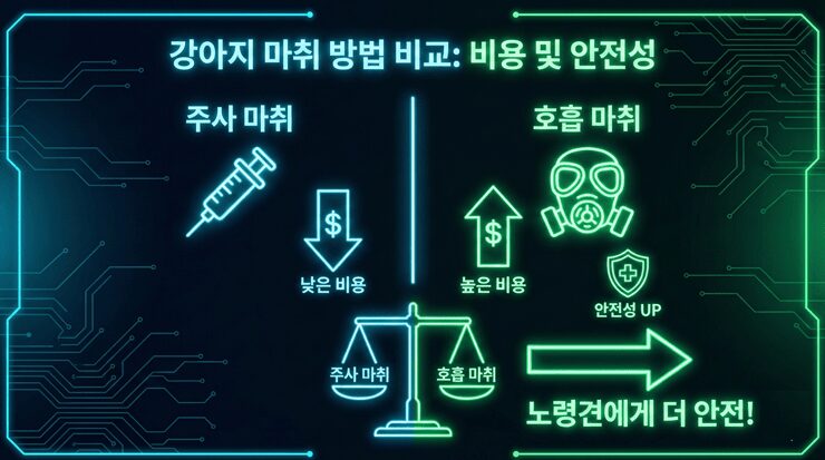 강아지 호흡 마취와 주사 마취의 비용 및 안전성 차이를 비교한 인포그래픽
