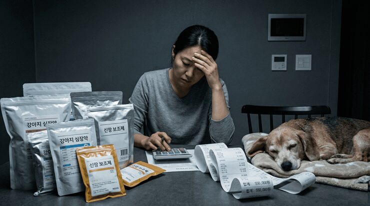강아지 만성질환 치료비 부담으로 고민하는 보호자와 노령견
