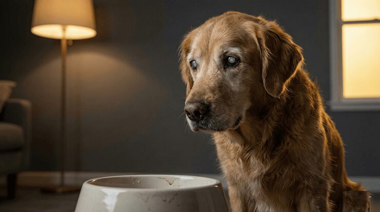 강아지 당뇨 초기증상을 암시하는 물그릇 앞에 힘없이 앉아있는 노령견의 모습