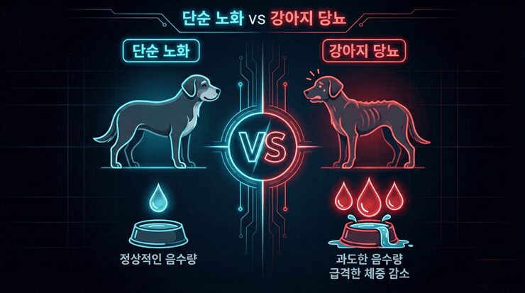 강아지 당뇨와 단순 노화의 증상 차이를 비교하는 인포그래픽 체크리스트