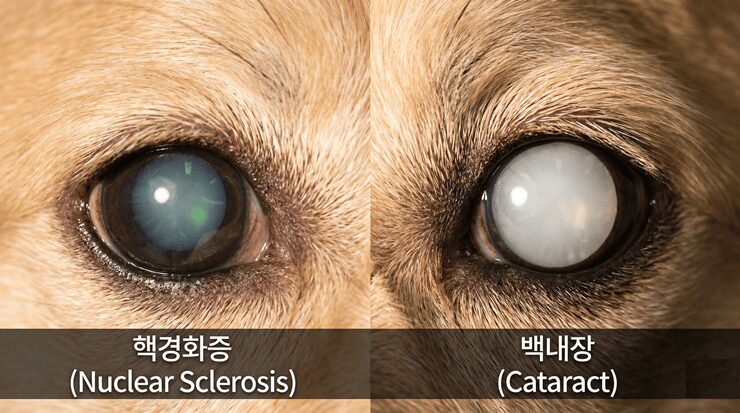 강아지의 맑은 눈과 뿌옇게 변한 눈을 대비시켜 백내장과 핵경화증의 차이를 보여주는 이미지