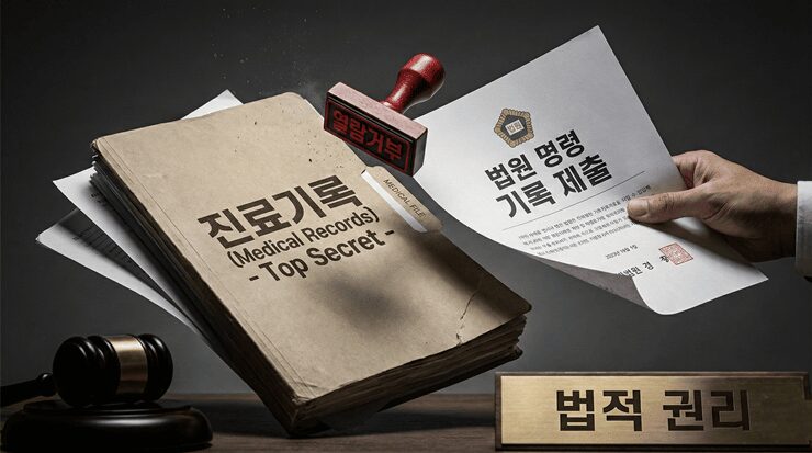 진료기록 열람거부에 대응하기 위해 의료법 조항을 검토하는 법률 전문가의 모습