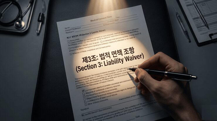 수술 전 병원 동의서 확인을 위해 서류의 독소 조항을 꼼꼼히 살피는 보호자의 모습