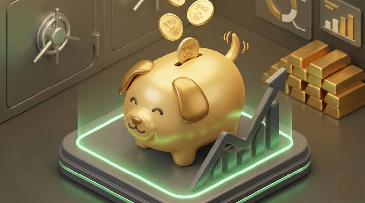 펫적금 추천: 강아지 병원비 마련을 위해 황금 저금통에 동전을 쌓는 이미지