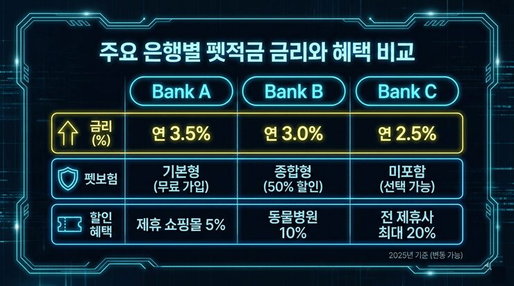 주요 은행별 펫적금 추천 상품의 금리와 혜택을 한눈에 비교한 표 형태의 인포그래픽