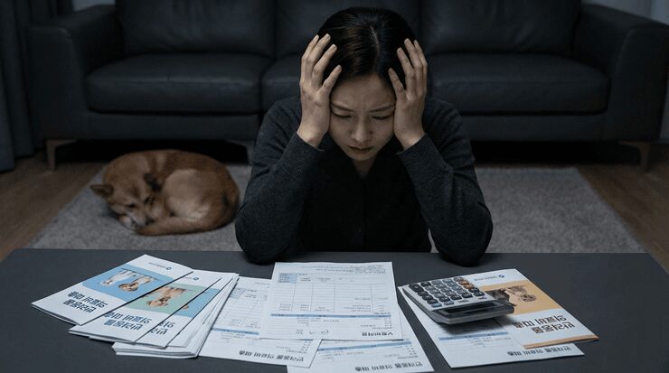 강아지 치료비 대출을 고민하며 계산기를 두드리는 심각한 표정의 보호자