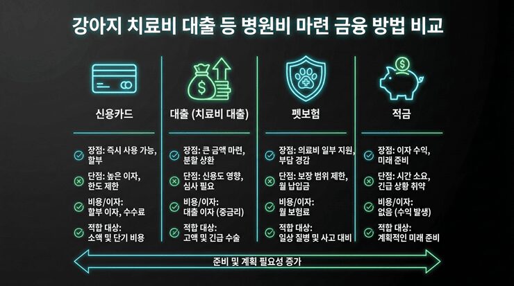 강아지 치료비 대출 등 병원비 마련을 위한 다양한 금융 방법과 리스크 비교 인포그래픽