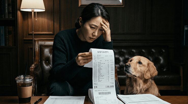 예상치 못한 고액의 강아지 병원비 영수증을 받고 고민에 빠진 보호자의 모습을 표현한 이미지