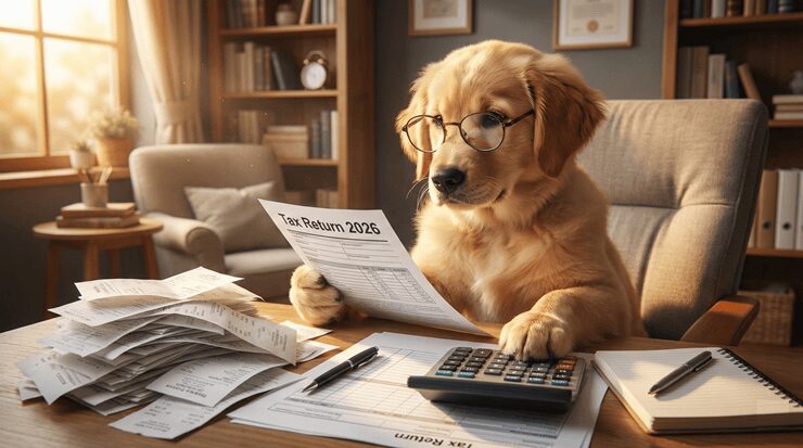반려견 연말정산 소득공제 가능 여부를 확인하며 계산기를 두드리는 강아지 모습