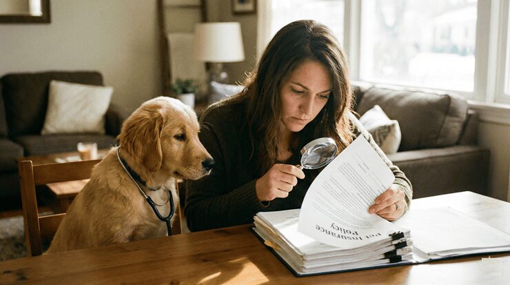 강아지 펫보험, 수술비 500만 원 보장될까? 가입 전 호구 탈출 필수 체크리스트 5 강아지 펫보험 가입 전 약관을 꼼꼼히 살피는 보호자와 청진기를 멘 강아지 이미지