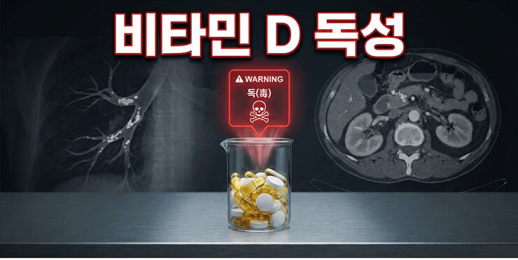 비타민 D 과다 복용과 칼슘 축적 위험을 경고하는 의료 시각화 이미지