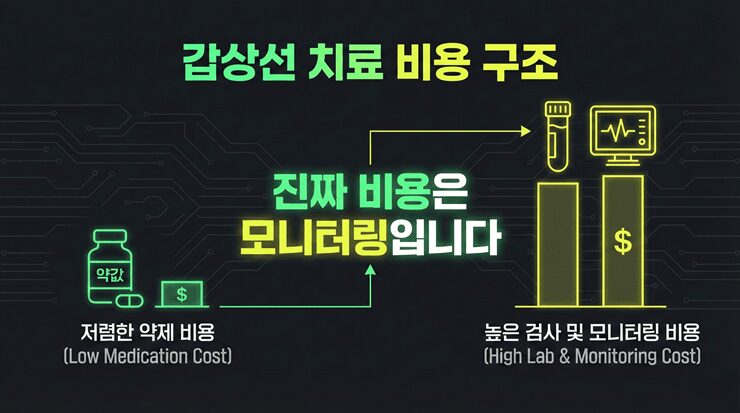 강아지 갑상선 기능저하증 진단을 위한 혈액 검사 항목과 비용 구조를 설명하는 인포그래픽