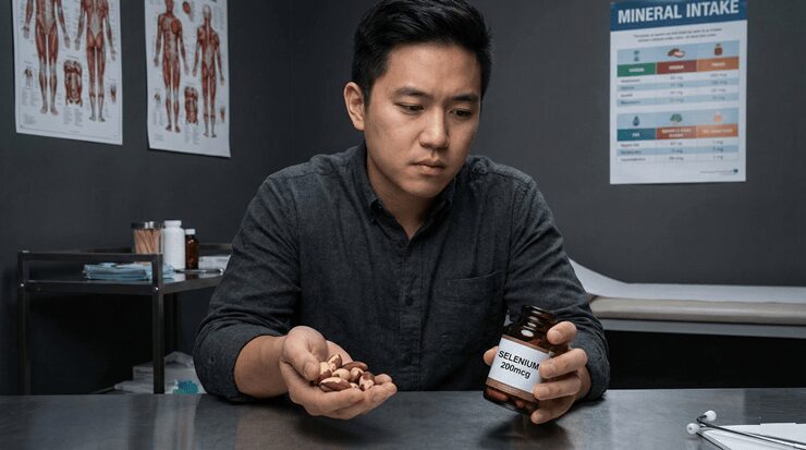 셀레늄 효능과 부작용을 고민하며 브라질너트와 영양제를 비교하는 모습