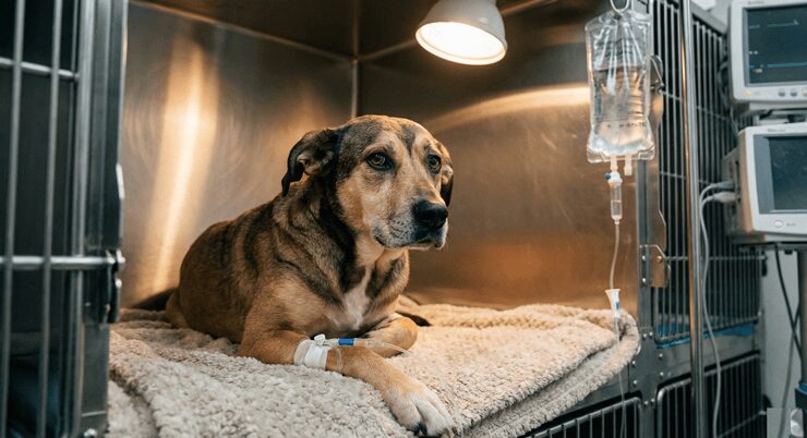 강아지 신부전 진단을 받고 수액 치료를 받으며 회복을 기다리는 강아지의 모습