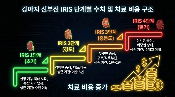강아지 신부전 IRIS 단계별 수치와 치료 비용 구조를 설명하는 인포그래픽