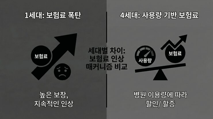 실손보험 세대별 차이에 따른 보험료와 자기부담금의 상관관계를 보여주는 그래프