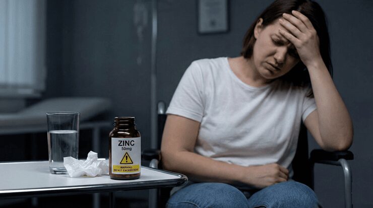 아연 과다복용으로 인한 메스꺼움을 느끼며 영양제 병을 바라보는 사람