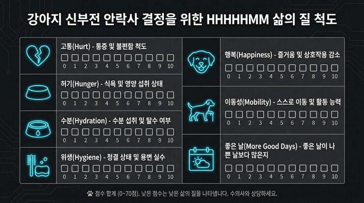 강아지 신부전 안락사 결정 전 삶의 질 척도를 체크하는 모습