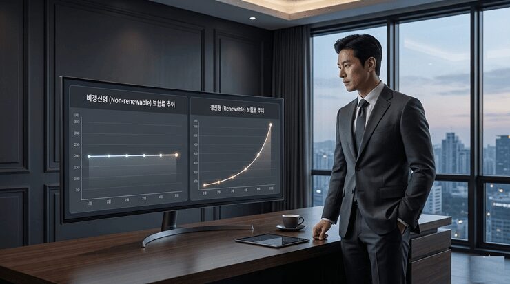 암보험 우선순위를 결정하기 위해 갱신형과 비갱신형 보험료 추이를 분석하는 모습